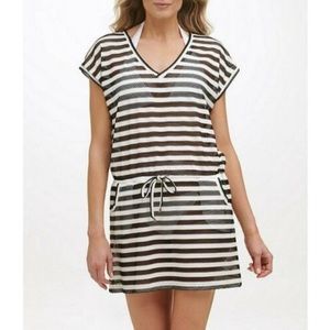Calvin Klein Black and White Stripe Swimsuit Coverup Drawstring Pockets Tunic